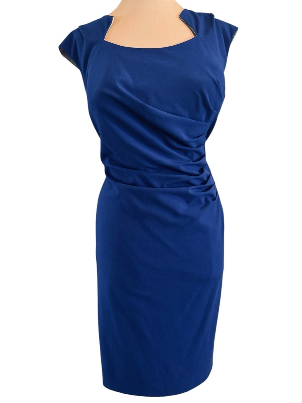 Calvin Klein Royal Blue Square Neck Cap Sleeve Ruched side Midi Dress 18W